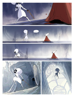 anthro biped black_body black_eyes blood blood_drip blood_on_ground bodily_fluids cloak clothing detailed_background dripping duo ellipsis empty_eyes eye_contact female female_anthro female_humanoid hornet's_needle kneeling looking_at_another mouthless red_cloak red_clothing running_away speech_bubble torn_clothing white_body white_eyes wounded darkdog hollow_knight:_silksong hollow_knight_(franchise) team_cherry hornet_(hollow_knight) lace_(hollow_knight:_silksong) arthropod humanoid 2025 absurd_res comic digital_drawing_(artwork) digital_media_(artwork) hi_res