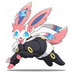 ambiguous_gender black_clothing black_legwear black_stockings black_thigh_highs blue_eyes blue_inner_ear blush bow_ribbon clothed clothed_feral clothing feral fur hoodie kemono legwear multicolored_body multicolored_fur open_mouth open_smile pink_body pink_fur pink_tail ribbons simple_background smile solo stockings tail thigh_highs topwear two_tone_body two_tone_fur white_background white_body white_fur yellow_clothing zipper tontaro nintendo pokemon eeveelution generation_6_pokemon mammal pokemon_(species) sylveon 1:1 signature watermark