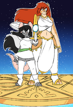anthro big_breasts black_hair breasts clothing digitigrade duo female footwear grey_body hair holding_melee_weapon holding_object holding_sword holding_weapon legwear melee_weapon sandals shoes size_difference standing stockings sword weapon white_clothing robertge jason_markova sunnet felid lion mammal mouse murid murine pantherine rodent 2019