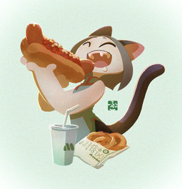 anthro beverage black_tail clothed clothing container cup drinking_straw eyes_closed female food fur holding_food holding_object hot_dog pink_inner_ear smile solo tail teeth teeth_showing topwear white_body white_fur fu_go_fu_go felid feline felis mammal hi_res