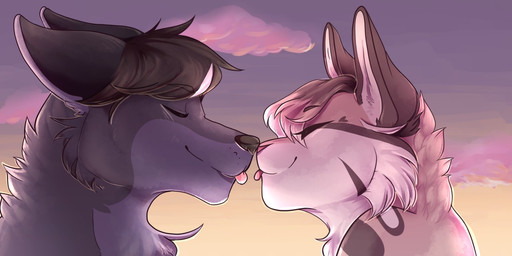 boop cloud duo eyes_closed fluffy heart_symbol kissing larger_male male size_difference smile sunset tongue sleepiepup kisunya_(starbearie) vinnie_(starbearie) canid canine canis domestic_cat felid feline felis mammal wolf 2:1