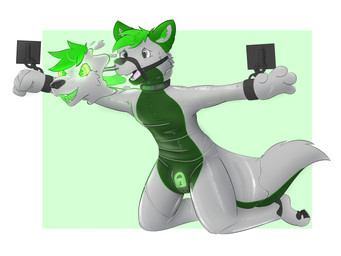 anthro bdsm bound chain chained chastity_bulge chastity_device clothing collar drone dronification forced fur gag gagged green_body green_fur grey_body grey_fur hair hypnotic_eyes inside_clothing latex latex_transformation lock_bulge lock_symbol male nasal_tube nose_plugs null_bulge restraints ringed_eyes simple_background solo submissive submissive_male tail text transformation trapped trapped_in_clothing wearing_chastity_device scottydoesstuff fauxil_fox_(character) canid canine fox mammal 2022 4:3 absurd_res digital_media_(artwork) hi_res