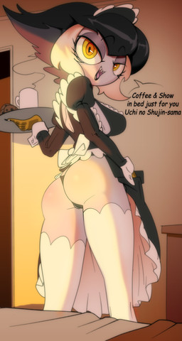 anthro bedroom big_breasts big_butt bottomwear breasts butt clothed clothing clothing_lift cosplay eyelashes female legwear lipstick looking_at_viewer maid_uniform makeup morning non-mammal_breasts skirt skirt_lift solo text thigh_highs thong underwear uniform yellow_eyes tobitobi90 odeth_poensis avian bird owl absurd_res english_text hi_res