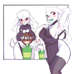 age_difference anthro apron big_breasts blush bodily_fluids breasts chibi cleavage_cutout clothed clothing condom curvy_figure cutout female fur green_clothing green_sweater green_topwear group horn interspecies keyhole_turtleneck larger_female legwear male male/female mature_anthro mature_female nipples no_underwear older_female pattern_clothing pattern_sweater pattern_topwear question_mark sexual_barrier_device shota side_boob size_difference smaller_male stockings striped_clothing striped_sweater striped_topwear stripes sweat sweater thick_thighs tongue topwear turtleneck voluptuous white_body white_fur wide_hips young young_anthro young_human younger_male banana_lamp metzgeray undertale undertale_(series) asriel_dreemurr chara_(undertale) toriel boss_monster_(undertale) bovid caprine human mammal absurd_res digital_media_(artwork) hi_res