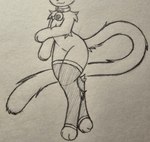 absurd_res ambiguous_gender arm_tuft bell bell_collar chest_tuft clothing collar del_(artist) fluffy fluffy_tail hi_res legwear long_tail paws semi-anthro shoulder_tuft solo tail thigh_highs traditional_media_(artwork) tuft