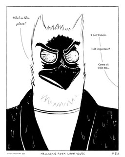 anthro beak black_beak black_clothing black_jacket black_topwear border clothing collared_jacket dialogue eye_veins eyebrows jacket male pupils shirt simple_background small_pupils solo text topwear water_drop wet white_background white_border white_clothing white_shirt white_topwear sharkinthepark maccaw_(sharkinthepark) avian bird owl 2025 4:5 absurd_res comic english_text greyscale hi_res monochrome