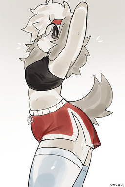 anthro black_clothing black_eyes black_topwear bodily_fluids bottomwear clothing female fur hair hotpants legwear open_mouth pupils red_bottomwear red_clothing red_shorts shorts side_view simple_background solo stockings sweat tail tan_body tan_fur topwear white_clothing white_legwear white_pupils white_stockings uovo ume_(uovo) canid canine canis domestic_dog mammal 2:3 absurd_res colored colored_sketch digital_drawing_(artwork) digital_media_(artwork) hi_res shaded sketch