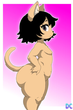 anthro big_butt black_hair breasts butt eyebrows female flat_chested gradient_background hair huge_butt loli short_hair side_view simple_background small_breasts standing thick_eyebrows thick_thighs young young_anthro young_female digicookie mabel_(digicookie) felid feline mammal 2:3 hi_res shaded