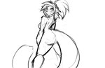 2018 anthro breasts butt digital_drawing_(artwork) digital_media_(artwork) domestic_cat ear_piercing ear_ring felid feline felis female hair long_hair looking_at_viewer mammal monochrome nipples nude piercing ponytail ring_piercing simple_background smile snout solo standing tail watsup white_background