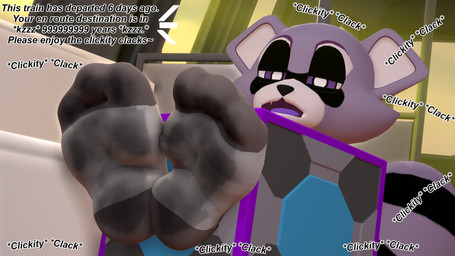 announcement bdsm bondage bound box clacking clicking clickity_clack clothing container dirty dirty_clothing dirty_socks feet foot_focus footwear inside_train male paws railway_track socks solo sound_effects text track_sounds train train_sounds vehicle anonymous_artist indigo_park rambley_raccoon mammal procyonid raccoon 16:9 3d_(artwork) 4k absurd_res digital_media_(artwork) english_text hi_res widescreen
