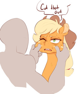 5_fingers ambiguous_gender clothing dialogue duo female feral fingers green_eyes hat headgear headwear humanoid_hands one_eye_closed silhouette simple_background text white_background sundown_(artist) friendship_is_magic hasbro my_little_pony anon applejack_(mlp) earth_pony equid equine horse human mammal pony 2016 english_text