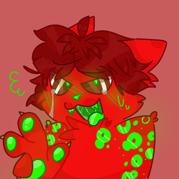 ahegao anthro blush bodily_fluids brown_eyes crying fur gesture green_body green_eyes green_fur green_mouth green_pawpads green_paws green_tongue hair hand_gesture looking_pleasured male open_mouth pawpads red_body red_fur red_hair solo tears tongue v_sign s4torarepotenet roblox applecore_(rr34ass) domestic_cat felid feline felis mammal 1:1 hi_res