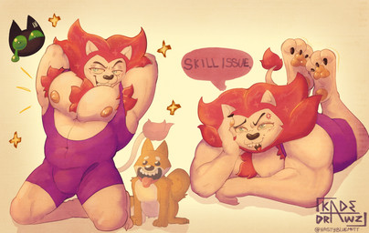 abs anthro armpit_hair biceps body_hair bodysuit bulge chest_fur clothing cocky duo expressions feral flexing group hair leotard male male/male mane muscular muscular_anthro muscular_male nipples pawpads pecs presenting red_hair royalty showing_armpit showing_chest showing_off_muscles skinsuit smile smiling_at_another smirk solo text tight_clothing trio kadedrawz cartoon_network mao_mao:_heroes_of_pure_heart bao_bao_(mao_mao) king_snugglemagne_xxv sheriff_mao_mao_mao canid canine domestic_cat felid feline felis lion mammal pantherine absurd_res english_text hi_res