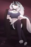 anthro bottomwear chair clothed clothing collar crop_top female fluffy fluffy_tail fur furniture grey_body grey_fur hair hair_over_eye legwear looking_at_viewer mauve_background midriff navel notched_ear occult_symbol on_chair one_eye_obstructed pentagram red_sclera shirt shorts simple_background sitting sitting_on_chair smile solo spiked_collar spikes symbol tail thigh_highs topwear torn_clothing white_body white_eyes white_fur pawldusk helluva_boss mythology loona_(helluva_boss) canid canid_demon canine demon hellhound mammal mythological_canine mythological_creature absurd_res digital_media_(artwork) hi_res