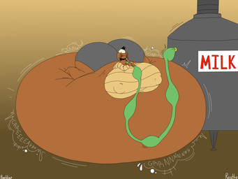 anthro belly belly_expansion belly_squish big_belly big_breasts big_butt big_cheeks big_nipples black_highlights black_nose bloated bottomwear breast_squish breasts brown_background brown_body brown_ears brown_hair brown_inner_ear brown_tail butt cheek_bulge clothing container creaking creaking_belly dipstick_tail ear_piercing expansion female green_eyes grey_bottomwear grey_clothing grey_shorts hair highlights_(coloring) hose hose_in_mouth hose_inflation huge_belly huge_breasts huge_butt huge_nipples huge_thighs hyper hyper_belly hyper_breasts hyper_butt hyper_inflation hyper_nipples hyper_thighs immobile inflation lips looking_down lying markings mature_anthro mature_female milk_container milk_inflation motion_lines nipple_outline nipples on_front one_eye_closed onomatopoeia piercing shorts simple_background slosh sloshing_belly solo sound_effects squish swelling swollen_cheeks tail tail_markings tan_background tan_clothing tan_sweater tan_tail_tip tan_topwear text thick_thighs three-quarter_view tight_clothing topwear yellow_lips beeblimp reathe nintendo pokemon emme_(reathe) eevee generation_1_pokemon pokemon_(species) 2026 absurd_res artist_name colored digital_media_(artwork) flat_colors hi_res