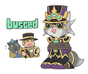 anthro blonde_hair bound captured clothing fur grey_body grey_fur group hair hat headgear headwear humor male phantom_thief rope text thief top_hat yow lifewonders live_a_hero furlong_(live_a_hero) vulpecula yasuhiko canid canine fox human hyena mammal 6:5 english_text