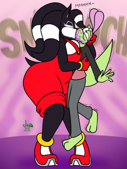 anthro anthro_on_anthro black_body black_nose boots carrying_another clothing crossgender duo female flailing footwear gloves grabbing_head handwear kissing larger_female male male/female onomatopoeia overalls poison questionable_consent shaking shoes size_difference smaller_male sound_effects text vein jamearts jimmy_basil-lisk terios_the_hedgehog eulipotyphlan hedgehog mammal 3:4 hi_res