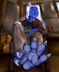 3_toes anthro blue_body claws feet foot_fetish foot_focus macro male paws pose size_difference size_play soles solo teasing teasing_viewer teasing_with_feet toes workshop robinthefox kobold reptile scalie hi_res