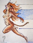 anthro eyes_closed female hair nude open_mouth orange_hair running solo speedlines catwarrior_(artist) felid leopard mammal pantherine 2006 traditional_media_(artwork)