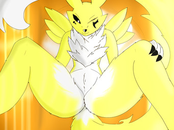 abstract_background butt claws crotch_tuft featureless_crotch female fluffy nude null one_eye_closed presenting presenting_hindquarters simple_background solo spread_legs spreading tuft wink fex_le_scree bandai_namco digimon canid digimon_(species) mammal renamon 4:3 digital_drawing_(artwork) digital_media_(artwork) yellow_theme