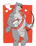 anthro balls barazoku big_nose black_nose bow_(weapon) bow_ribbon bow_tie box container erection foreskin furgonomics genitals gift grey_body heart_symbol holidays licking licking_lips looking_at_viewer male navel overweight overweight_anthro overweight_male pecs penis pose ranged_weapon ribbons simple_background slightly_chubby solo standing tongue tongue_out weapon analon_(artist) valentine's_day wolfalon_(analon) canid canine canis mammal wolf 2018