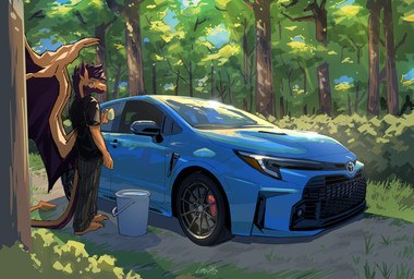 anthro car clothing looking_at_viewer male plant solo standing tree vehicle washing_car wings danny4nex gr_corolla mythology toyota toyota_corolla dragon mythological_creature mythological_scalie scalie hi_res