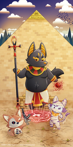 ak-47 ak_platform ankh anthro assault_rifle black_body black_fur bone cloud desert egyptian fur group gun magic magic_circle male mummy_costume mummy_wrappings orb plant purple_body purple_fur pyramid ranged_weapon red_eyes rifle shendyt skull staff tree trio wand weapon littlehyper egyptian_mythology middle_eastern_mythology mythology anubis chonk_unabis_(littlehyper) canid canine deity fox mammal skullcat_(sar) undead zombie 1:2 hi_res