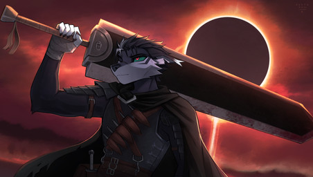 anthro armor blood bodily_fluids eclipse green_sclera hair huge_sword male melee_weapon nose_scar red_background red_eyes scar short_hair simple_background solo sword weapon if-fi berserk_(series) quetz_(if-fi) canid canine mammal crossover hi_res