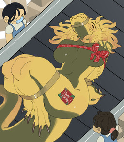 ambiguous_gender anthro anthro_focus bdsm big_breasts bondage bound breast_squish breasts claws conveyor_belt female female_focus gift_wrapped group hands_behind_back huge_breasts larger_anthro larger_female muzzle_(object) muzzled nude nude_female scales size_difference solo_focus squish thick_thighs trio yellow_body yellow_scales yolabayola1 capcom monster_hunter fanged_wyvern great_jagras human mammal scalie absurd_res hi_res