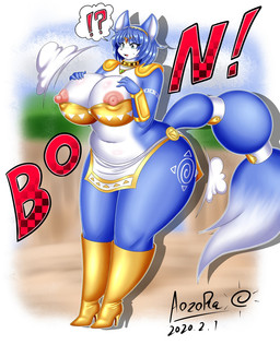 anthro areola big_breasts biped blue_body blue_fur blue_hair blue_tail boots border bottomwear breasts clothing curvy_figure detailed_background erect_nipples female footwear fur hair hand_on_breast high_heeled_boots high_heels huge_breasts interrobang loincloth multicolored_body multicolored_fur navel nipple_slip nipples outside pink_areola pink_nipples shoes slightly_chubby solo standing tail thick_thighs two_tone_body two_tone_fur voluptuous white_body white_border white_fur wide_hips year aozora_(tasogare_aozora) nintendo star_fox krystal_(star_fox) canid canine fox mammal 2020 dated shaded soft_shading