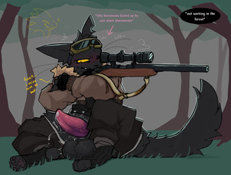 anthro balls black_body black_fur blush bodily_fluids clothing eyewear eyewear_on_head forest forest_background fur genital_fluids genitals goggles goggles_on_head gun jacket male nature nature_background notched_ear on_ground penis plant ranged_weapon rifle sniper_rifle solo tapering_penis text topwear tree weapon fishtacosad leo_(fishtacosad) domestic_cat felid feline felis mammal english_text hi_res