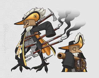 ambiguous_gender anthro claws cloak clothing dagger gun hat headgear headwear knife melee_weapon musket ranged_weapon smile solo standing sword weapon roawayart avian hi_res