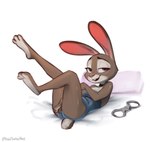 3_toes anthro barefoot breasts clothed clothing cuff_(restraint) feet female fur handcuffs humanoid_hands latex latex_clothing lying metal_cuffs on_back paws restraints solo tail toes twelvenine disney zootopia judy_hopps european_rabbit lagomorph leporid mammal oryctolagus rabbit hi_res