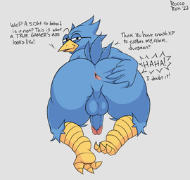 3_toes all_fours anthro anus asking asking_viewer avian_feet backsack balls beak big_butt blue_balls blue_body blue_feathers blue_penis blue_perineum butt butt_focus dialogue dirty_talk eyebrows eyewear feathers feet genitals glans glasses grey_background half-closed_eyes hand_on_butt humanoid_genitalia humanoid_penis laugh looking_at_viewer looking_back male narrowed_eyes non-mammal_balls nude penis perineum pink_glans presenting presenting_anus presenting_hindquarters question questioning_tone raised_eyebrow simple_background smile smug solo spread_anus spread_butt spreading tag_question tail tail_feathers talking_to_viewer talons teasing text text_emphasis thick_thighs toes vocalization yellow_beak yes-no_question roccorox deltarune undertale_(series) berdly avian bird english_text hi_res