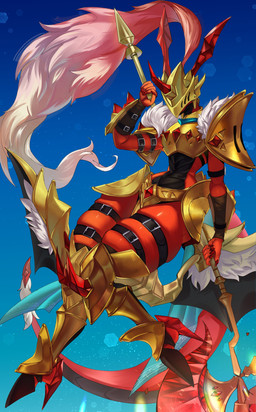 anthro armor belt female halberd knight melee_weapon polearm red_body red_scales scales skindentation solo thick_thighs thigh_strap unconvincing_armor ventral_scales warrior weapon psibunny bandai_namco digimon digimon_alysion digimon_(species) rubeusdramon scalie absurd_res hi_res