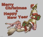 2023 anthro biped brown_body brown_fur brown_hair canid canine canis christmas christmas_clothing christmas_headwear claws clothing digital_media_(artwork) digitigrade domestic_dog duo english_text eyewear female fur gift glasses grey_background hair hat headgear headwear hi_res holidays kneeling legwear looking_at_viewer lying mammal merry_christmas milinka_(patecko) on_back patecko pattern_clothing pattern_legwear pattern_stockings paws round_glasses santa_hat simple_background stockings striped_clothing striped_legwear striped_stockings stripes tail tan_body tan_fur text toe_claws