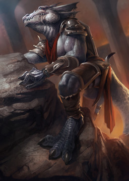 3_toes anthro armor black_claws brown_eyes claws clothed clothing feet frill_(anatomy) frill_piercing furgonomic_piercing furgonomics glistening glistening_eyes grey_body grey_frill grey_scales grey_tail head_crest head_frill inside male male_anthro melee_weapon mouth_closed piercing red_neckwear rock scales solo standing sword tail toes weapon darkgem scalie