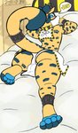 anklet anthro bed blue_eyes bottomwear bracelet bulge butt clothing crown egyptian egyptian_clothing femboy fur furniture headgear jewelry loincloth looking_back lying male markings mask paws raised_tail solo spots spotted_body spotted_fur tail yellow_body yellow_fur cremacat felid jaguar mammal pantherine digital_drawing_(artwork) digital_media_(artwork) flat_colors hi_res