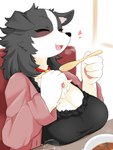 4_fingers anthro big_breasts black_body black_clothing black_fur blush breast_rest breasts cleavage clothed clothing collar cute_fangs cutlery daww eating eyes_closed fangs female female_anthro fingers food fur glass happy heart_symbol kemono kitchen_utensils multicolored_body multicolored_fur neck_tuft open_mouth open_smile pink_clothing red_collar sitting smile snout solo soup spoon teeth tools tuft two_tone_body two_tone_fur white_body white_fur takeshi_kemo bodako_(takeshi_kemo) border_collie canid canine canis collie domestic_dog herding_dog mammal pastoral_dog sheepdog 2021 3:4 hi_res