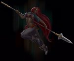 action_pose belt boots braided_hair breasts clothed clothing dark_body dark_skin female footwear hair holding_melee_weapon holding_object holding_polearm holding_spear holding_weapon humanoid_pointy_ears long_hair melee_weapon navel not_furry pointy_ears polearm pose red_hair shoes smile solo spear weapon botak elf humanoid 2019 hi_res