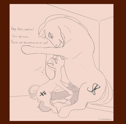 anatomically_correct animal_genitalia animal_penis ball_inflation balls balls_deep balls_expansion big_balls big_penis blank_stare bodily_fluids border cloven_hooves cum cum_inflation cum_inside cutie_mark dialogue dominant duo equine_genitalia equine_penis expansion eye_contact feral feral_on_feral flared_penis genital_expansion genital_fluids genitals gynomorph gynomorph/male happy hooves horn hug inflation intersex intersex/male larger_dom looking_at_another male male_penetrating open_mouth orange_border penetration penile penile_penetration penis penis_in_penis power_bottom pushing shocked sitting size_difference text unusual_penetration urethral urethral_bulge urethral_penetration stoopedhooy hasbro my_little_pony mythology dwarf_truffle shakes_heartwood equid equine horse mammal mythological_creature mythological_equine pony unicorn english_text hi_res monochrome