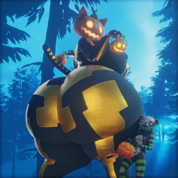 anthro big_breasts big_butt black_body black_bodysuit black_clothing black_skinsuit bodysuit bone breasts butt candy clothing dessert duo female food for_a_head fruit glowing glowing_eyes glowing_mouth green_body huge_breasts huge_butt hyper hyper_breasts hyper_butt looking_back macro nipple_outline plant pumpkin pumpkin_head rear_view side_boob size_difference skeleton skinsuit striped_body stripes tail tight_clothing white_body ctgiantess epic_games fortnite spice_(fortnite) spooky_team_leader bear felid feline mammal object_head 1:1 2025 3d_(artwork) absurd_res digital_media_(artwork) hi_res