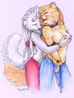 anthro bracelet breast_fondling breast_play breasts collar duo eyes_closed female female/female fondling hand_in_pants hand_on_breast harem harem_outfit hug hugging_another hugging_from_behind inner_ear_fluff jewelry licking masturbation nipples open_mouth romantic romantic_couple simple_background tail tongue tongue_out tuft vaginal vaginal_masturbation white_background caribou_(artist) domestic_cat felid feline felis mammal low_res