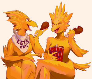 anthro beak duo feathers female nude simple_background white_background cashews_(artist) final_fantasy five_nights_at_freddy's kfc scottgames square_enix chica_(fnaf) avian bird chocobo crossover