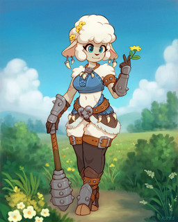 arm_tuft armor belt blue_clothing blue_eyes breasts clothing cloud detailed_background ear_piercing eyelashes female flower flower_on_head jewelry mace medium_breasts melee_weapon midriff nature navel necklace outside panties panty_shot piercing plant poofy_hair scar shoulder_tuft solo tuft underwear vambrace weapon asimos bovid caprine mammal sheep 2024 4:5 hi_res