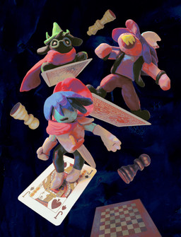 ambiguous_gender anthro black_body blue_hair card chess_piece chessboard clothing group hair hat headgear headwear jack_of_spades melee_weapon micro oversized_object pawn_(chess) playing_card queen_(chess) sharp_teeth sword teeth trio weapon homounderground deltarune undertale_(series) kris_dreemurr ralsei susie_(deltarune) bovid caprine darkner goat human lightner mammal reptile scalie hi_res mixed_media photo_manipulation sculpture_(artwork) traditional_media_(artwork) female_(lore) male_(lore)
