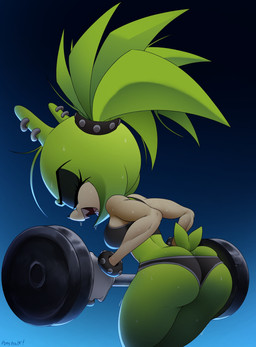 anthro bodily_fluids bra breasts butt clothed clothing ear_piercing exercise eyelashes eyes_closed female fur green_body green_fur leaning leaning_forward multicolored_body panties piercing sharp_teeth solo sports_bra sweat tan_body teeth tongue two_tone_body underwear p0stalk idw_publishing sega sonic_the_hedgehog_(comics) sonic_the_hedgehog_(idw) sonic_the_hedgehog_(series) surge_the_tenrec afrosoricid mammal tenrec absurd_res hi_res