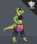 anthro black_clothing bottomwear bra breasts clothed clothing designer_clothes eyelashes eyeshadow facial_markings female gradient_clothing green_body green_scales head_markings horn horn_markings leggings legwear makeup markings multicolored_body multicolored_tail purple_clothing scales simple_background smile solo standing tail tail_markings text tight_clothing topwear underwear yellow_eyes squablodecomplash sabiba_(squablodecomplash) amber_(squablodecomplash) kobold scalie digital_media_(artwork)