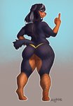 anthro big_butt black_body black_fur breasts butt clothing digitigrade female fishnet_clothing fishnet_legwear fur gesture gradient_background hair hand_gesture legwear looking_back middle_finger nails nude open_mouth ponytail simple_background slightly_chubby solo standing zeighous candice_(medium-maney) canid canine canis domestic_dog mammal mastiff molosser rottweiler digital_media_(artwork) hi_res shaded