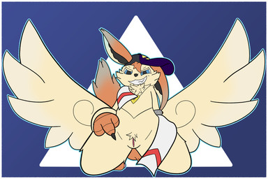 bared_teeth baseball_cap big_ears blue_eyes border bracelet clothing female fur fur_tuft genitals gesture glowing grin hand_gesture hat headgear headwear jewelry kneeling leaning leaning_backward looking_at_viewer middle_finger monotone_background necklace orange_body orange_fur orange_tail presenting presenting_vulva scarf sideways_baseball_cap simple_background smile solo tail tan_body tan_fur teeth tuft vulva white_border wings anoelotl nintendo pokemon generation_5_pokemon legendary_pokemon pokemon_(species) victini 3:2 digital_drawing_(artwork) digital_media_(artwork) hi_res